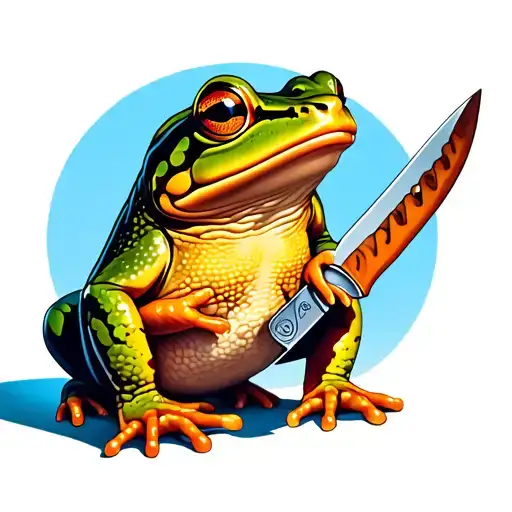 Golden Frog Holding A Knife Going