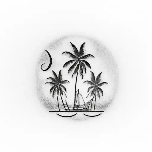 A Black-grey Tattoo Depicting A Beautiful Sunset Over The Ocean With Palm Trees In The Foreground