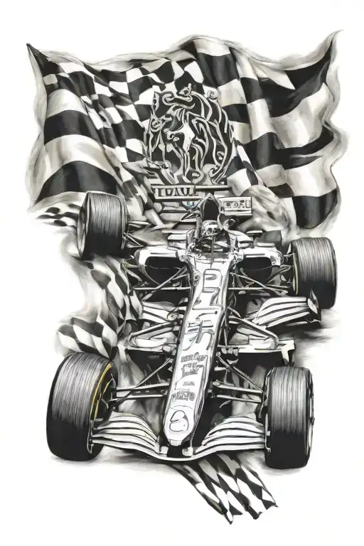 Formula 1 Car And Checkered Flag And Ferrari Horse Tattoo Logo