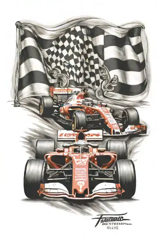 Formula 1 Car And Checkered Flag And Ferrari Horse Tattoo Logo