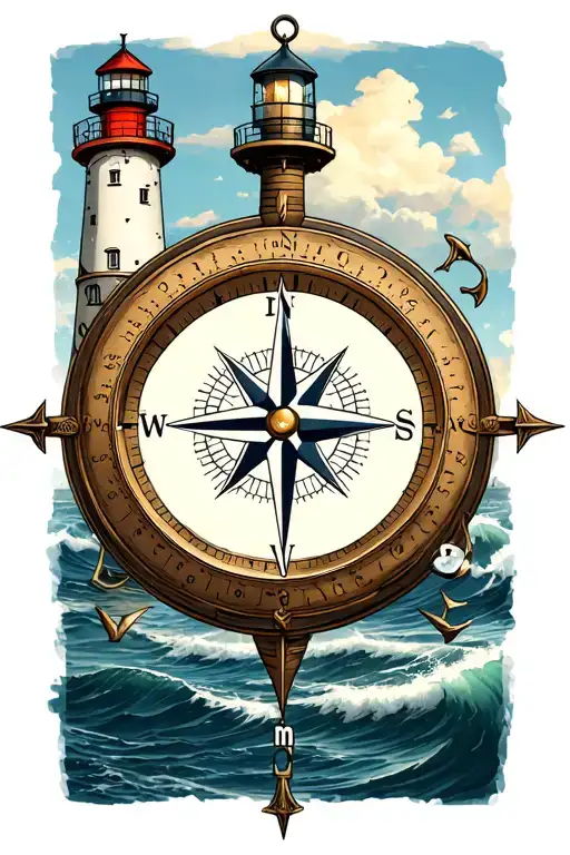 Nautical Compass With Light House And Co Ordinates