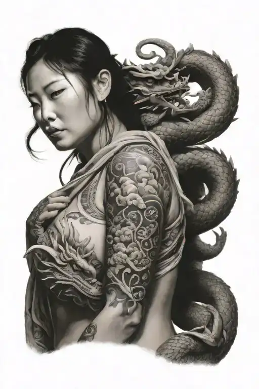 Half Sleeve Chinese Lady And Dragon Wrapped