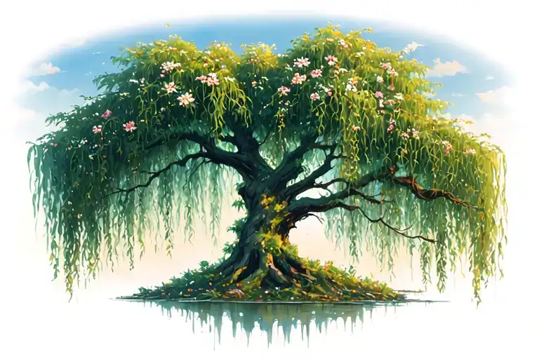 A Weeping Willow Tree With Flowers Surrounded