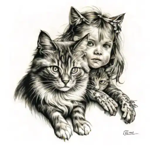 Big Ragdoll Cat Pertecting A Small Girl