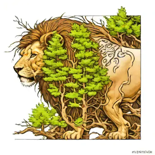 A Lion's Head With A Hidden Forest Scene Within Its Mane