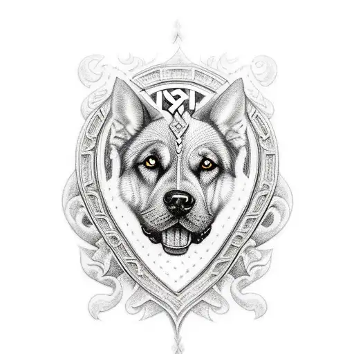 A Majestic Black And Grey Tattoo Of A Dog With Intricate Norse Symbols Surrounding It