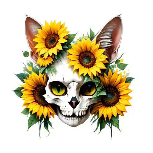 Mystical And Eerie Cat Skull With Sunflowers