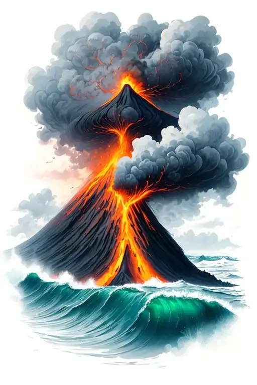 Volcano And Lava Going Into The Ocean
