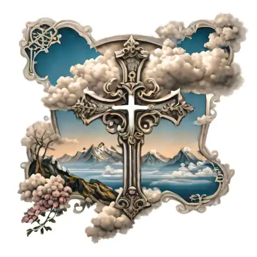 Detailed Cross With Beautiful Clouds And Scenery
