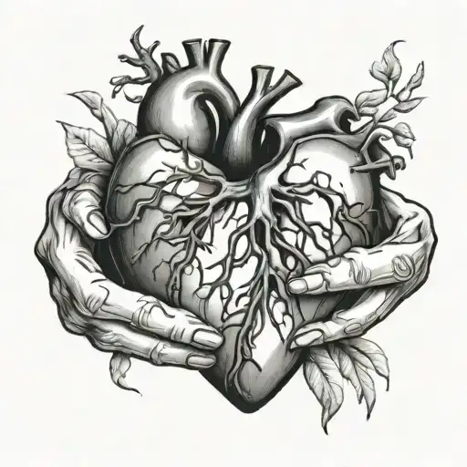 Realistic Heart With Stitches And Female Hands Holding It Together