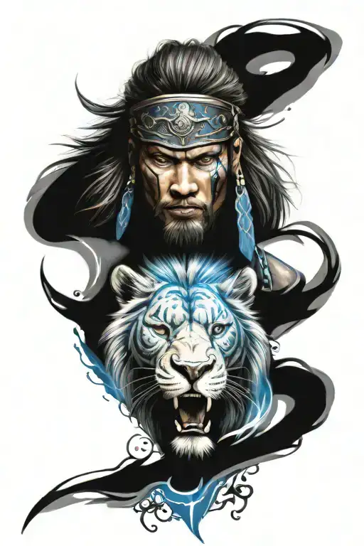 Create Tattoo With Samurai Warrior With A Male Lions Head With Blue Lightening And Roman Numerals