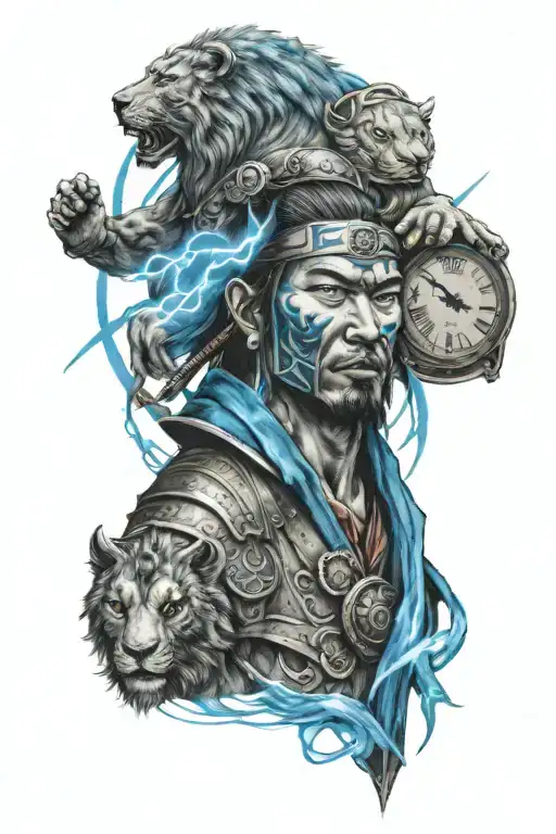 Samurai Warrior With Bright Blue Lightening Lions Head And 2 Clocks Showing Roman Numerals