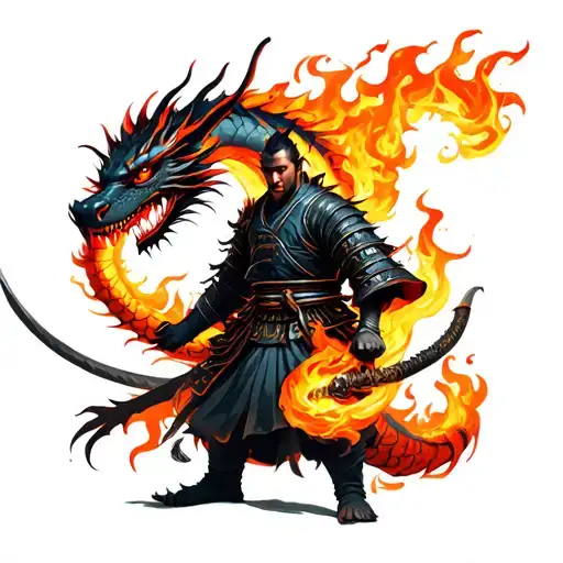 Samurai With A Dragon Wrapped In Flames