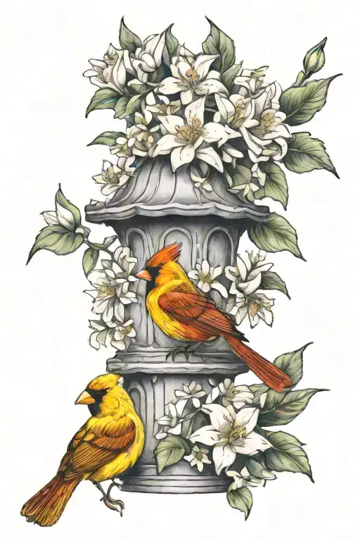 Yellow Jasmine And Red Cardinal Perched