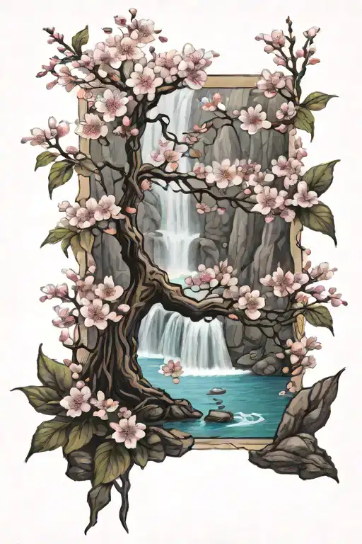 Cherry Blossom Tree With Waterfalls