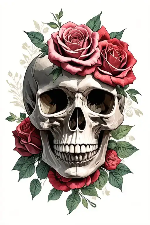 Skull With Web Design And Roses