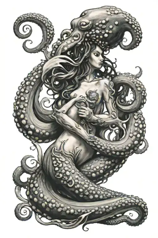 Octopus With Mermaid Holding A Trident Being Held