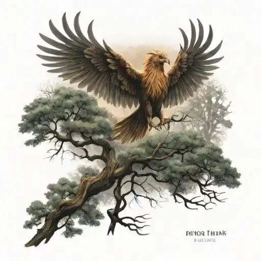 A Mystical Forest With A Phoenix Flying Overhead
