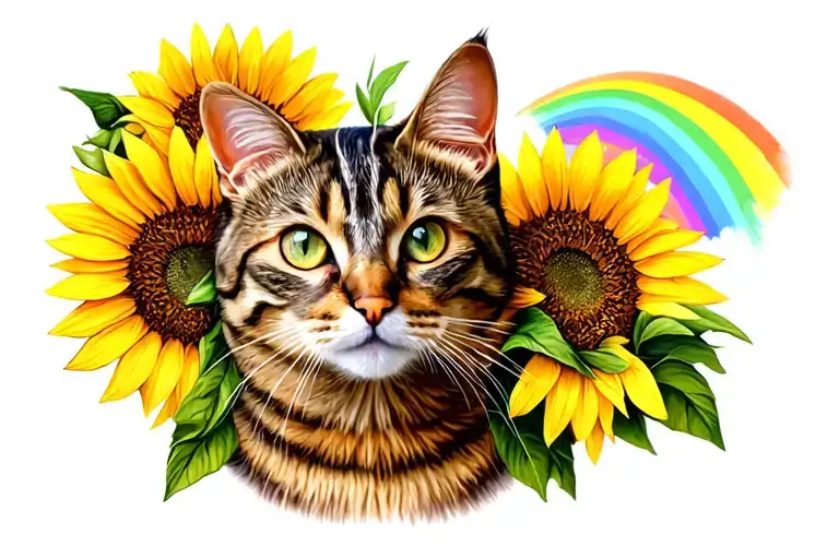 Brown Tabby Cat Portrait With Sunflowers And Rainbow