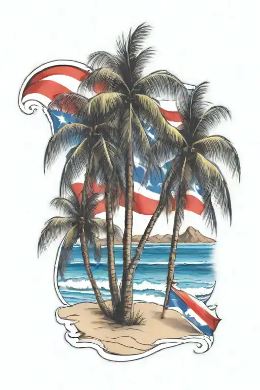 Beach Shore With Palm Trees And Puerto Rican Flag Intertwined