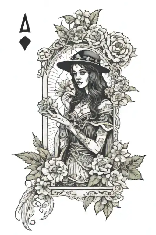 Female Magician Tarot Card Design Featuring Elements And Flowers