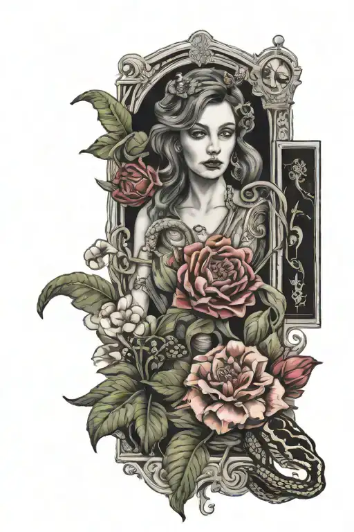 Tarot Card Inspired Tattoo Featuring Elements And Flowers And A Snake