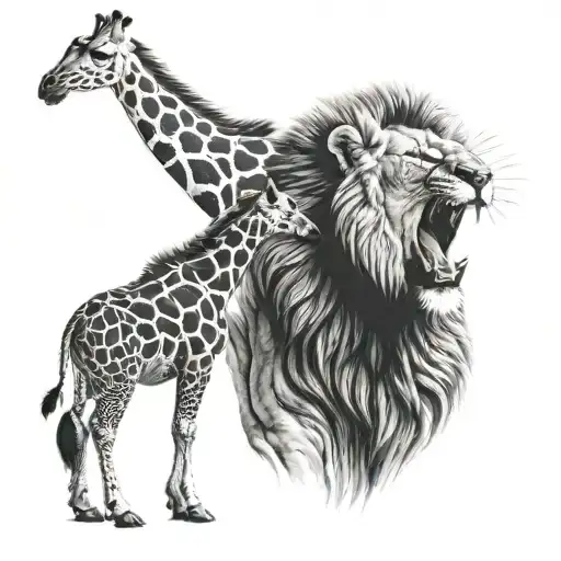Giraffe And Lion Roaring