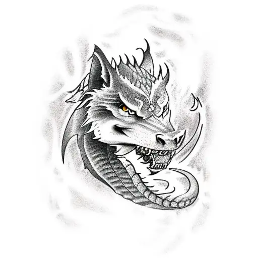 Half Sleeve Tattoo Of A Dragon And A Wolf