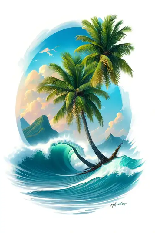 Ocean Palm Tree Waves Mountains Tree