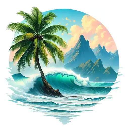 Ocean Palm Tree Waves Mountains Tree