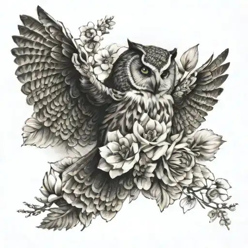 Flying Owl And Flowers Blooming