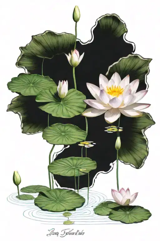 Lotus Flower In Pond With Three Lilly Pads With Names And Dates In The Lilly Pad