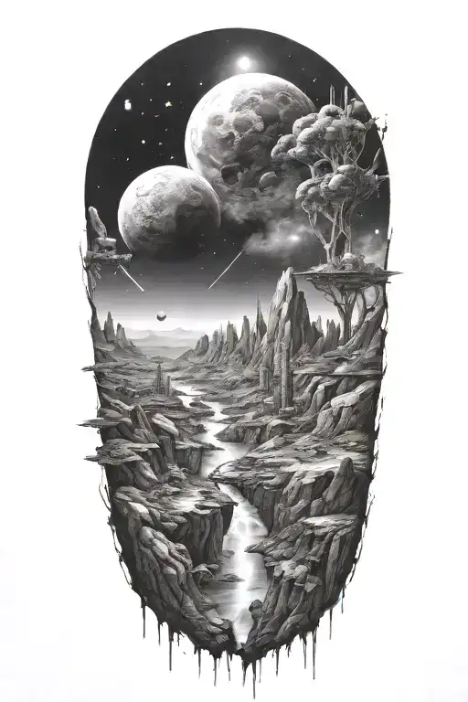 Futuristic Landscape In Space In Black And White