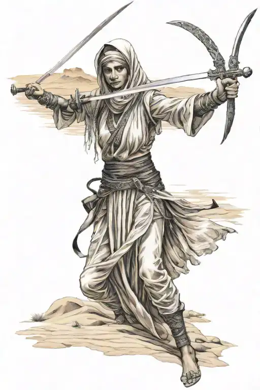 Open Face Arabian Girl In The Dessert Holding Sword
