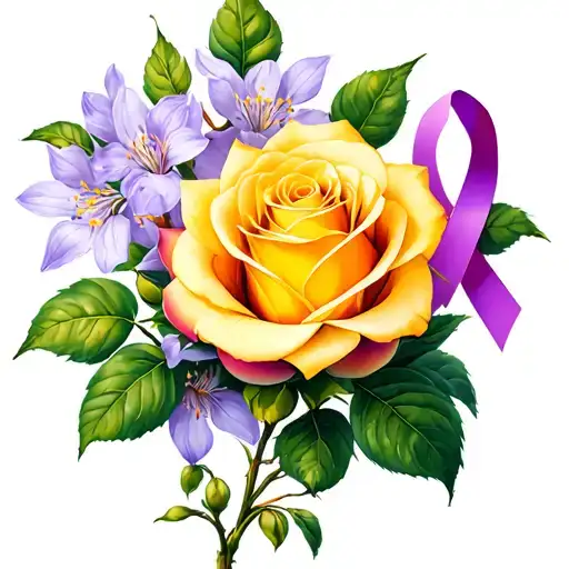 Yellow Peach Rose With Asian Chematis Flowers With Purple Cancer Ribbon