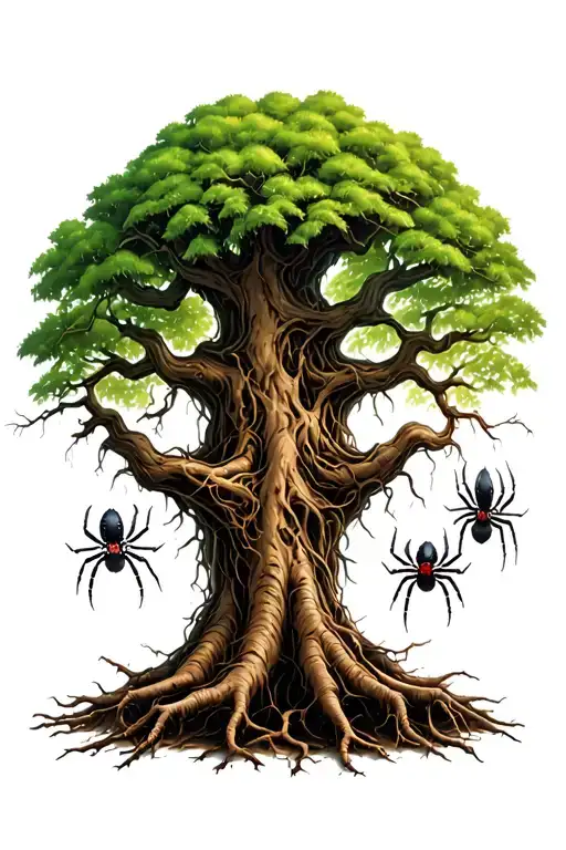Posion Tree With 3 Black Widow Spiders Biting The Roots Of The Tree