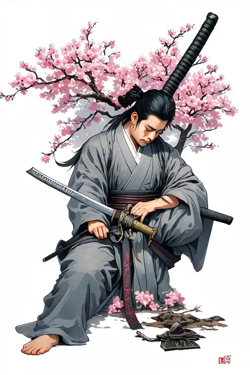 Sleeping Ronin With Katana Under A Large Pink Cherry Blossom Tree