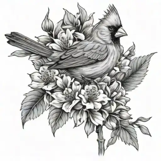 Cardinal In Black And Grey Flowers