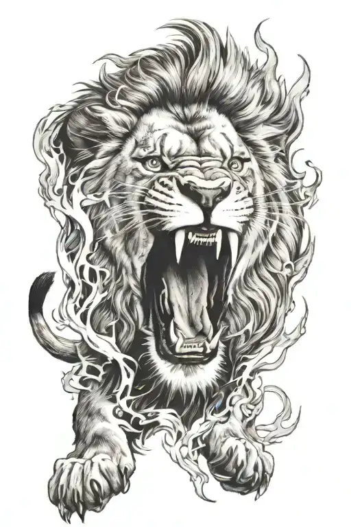 Lion Roaring Surrounded By Flames