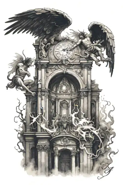 Interior Of Ghotic Church With A Fight Between An Angel And A Demon