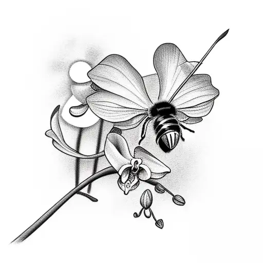 Bee Flying To Orchids On A Stick In The Distance