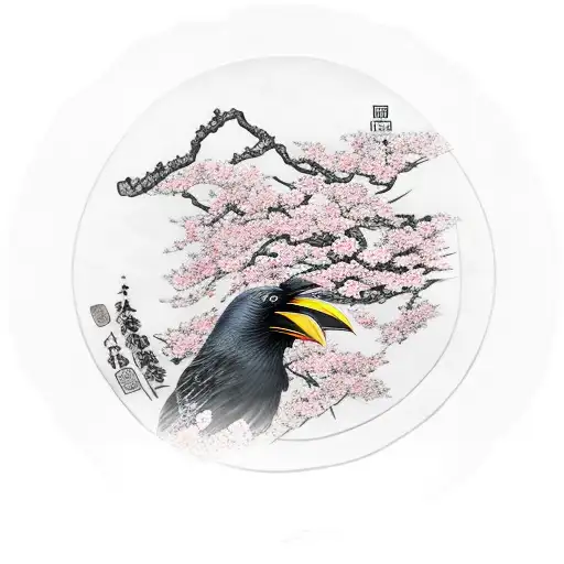 Samurai Against The Backdrop Of Sakura And With A Raven Sitting On A Katana