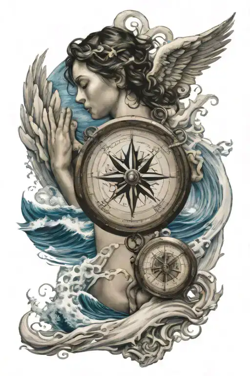 Waves And Compass With An Angel Holding