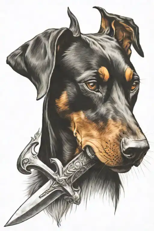 Doberman Biting A Dagger