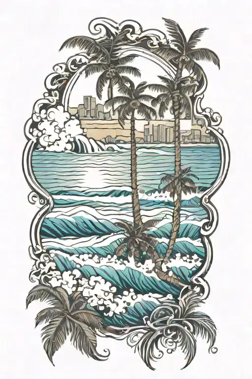 Ocean Waves With Palm Trees And A City Skyline
