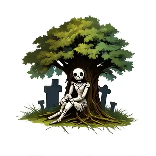 Very Hateful Voodoo Doll Sitting By A Tree In A Graveyard