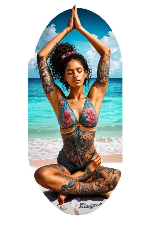 A Dancer With Floral Tattoos Practicing Yoga On The Beach