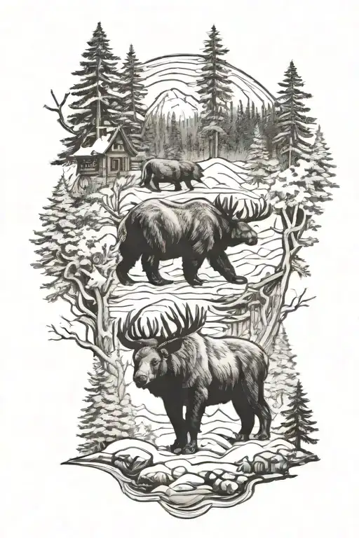 Bear And Moose And Deer Scene