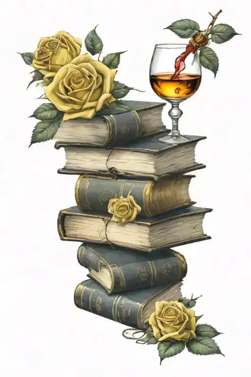 Stack Of Books With Yellow Roses Coming Out Of The Top Open Book And A Wine Glass On Top