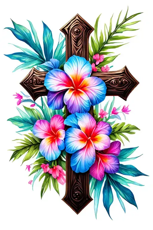 Cross With Hawaiian Flowers Colored With Blue Pink And Purple Keep The Cross Black